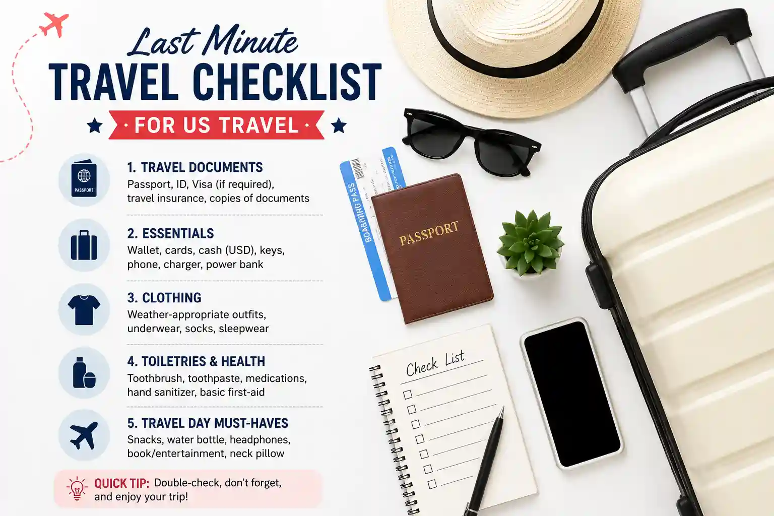 Last Minute Travel Checklist For US Travel (Stress-Free Flying)